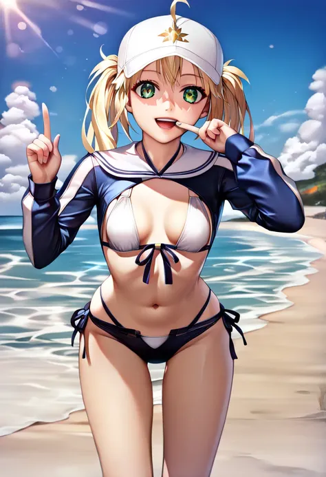 (Masterpiece, Ultra-high resolution, 8k, High Quality, Top quality, High-Detailed, Detailed CG, Cinematic Shadow:0.5, Beautiful Detailed Eyes, Ultra Resolution, Depth of Field, High Resolution, Masterpiece: 1.2), (Anime Art style), (cowboy shot), (beach:1....