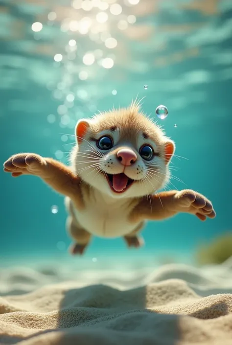 Generate a highly realistic image of a baby animal swimming underwater in clear, tropical water. The animal is portrayed with photorealistic textures, including detailed fur or skin that reflects the light accurately. It has a joyful and adorable expressio...