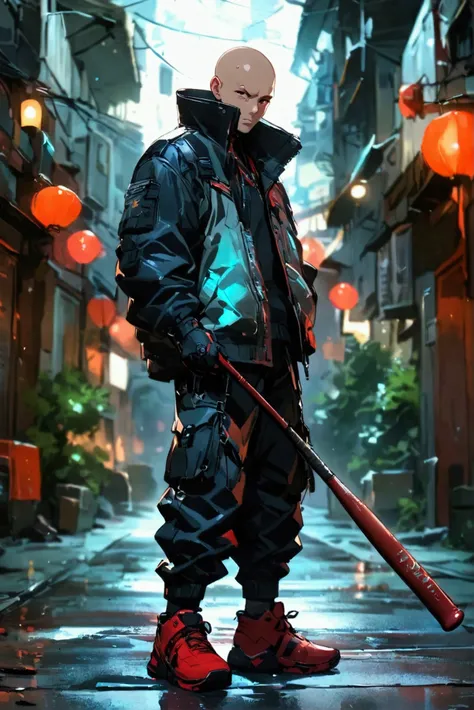 anime,  bald man,  dressed in a cyberpunk-style jacket with the name “Grise” written,  black pants ,  red sneakers , holding a baseball bat under his shoulders ,  full body , side perspective.