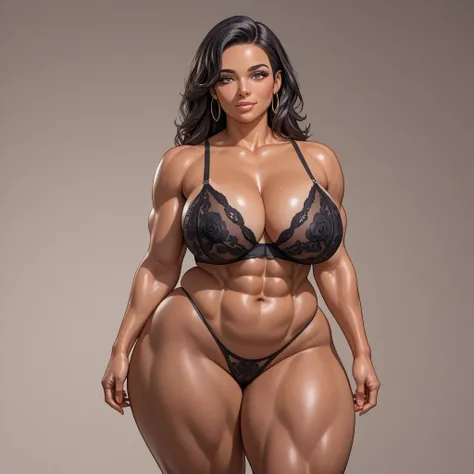 ((2D oily HD realism art style)), beautiful woman, solo, tanned oily light-dark skinned sexy latina milf, black medium length luscious hair, muscle mommy build, huge, tall, plump, jelly build, athletic, fat, extremely muscular, voluptuous, curvy, huge-medi...