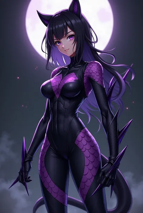 Anime girl in black and purple combat costume with full body fins and scales. 