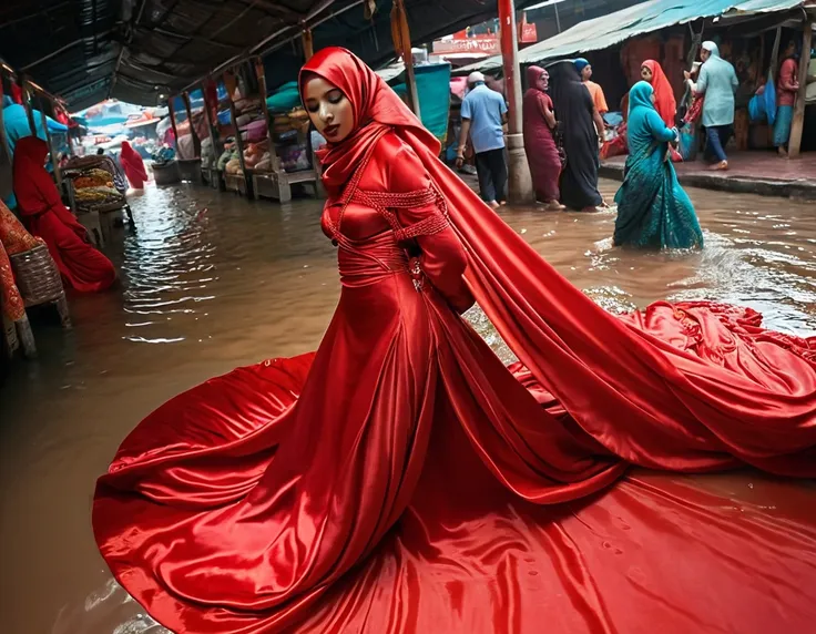 A woman shrouded in a 8-meter-long, plush red satin cloth, tightly bound and grandly draping along the form of her body, flowing off into a pooled floor-length train, styled in a mermaid-inspired outfit, her head modestly veiled in a satin hijab, walk in w...