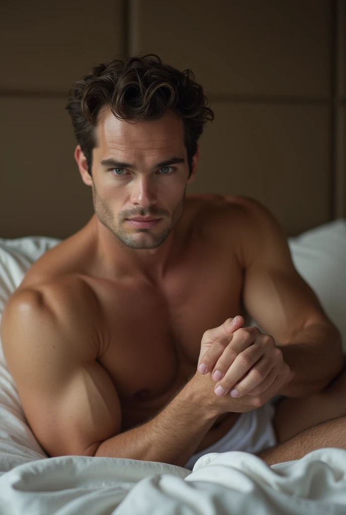 Henry Cavill naked on a bed showing his long, erect penis 