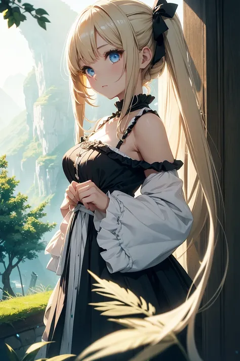 beautiful loli girl short height, with long blonde Twin tail hairstyle, black ribbons in hair, blues eyes, , wearing a short off shoulder white dress with frills, hyperrealistic, highly detailed, 8k, photorealistic, intricate, cinematic lighting, serene li...