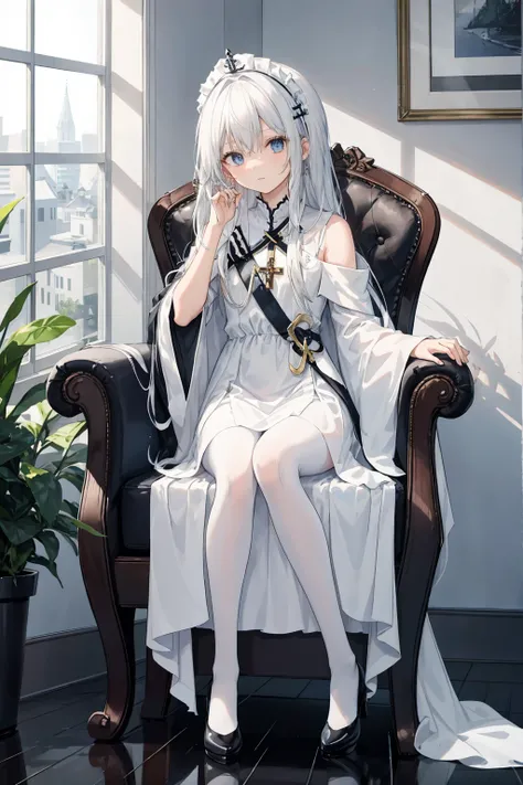  An anime girl sitting on a chair。
She holds a cross sword in her hand。
 Her long white hair scattered over her shoulders  ，  wearing a beautiful headdress 。
She is wearing a flowing white dress and black pantyhose， the hem of the dress was ridiculously lo...