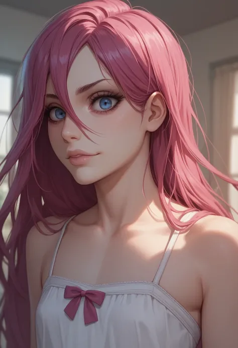 Sadako Yamamura (Bleach) with long magenta hair and large dark blue eyes. Loli, flat chest. Casual outfit.