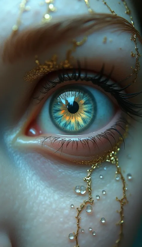 A close-up of an angelic eye, its iris a kaleidoscope of muted pastel hues like cracked stained glass, surrounded by delicate veins of gold threading outward. The surrounding skin is pale and textured like antique parchment, with faint runes etched across ...