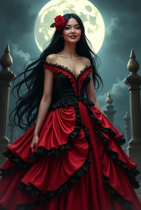  A full-bodied woman, thin, long black hair, linda, king, laughing,  with a rose on her head , red and black ,  7-ruffle dress with a moon and a cemetery behind it. 