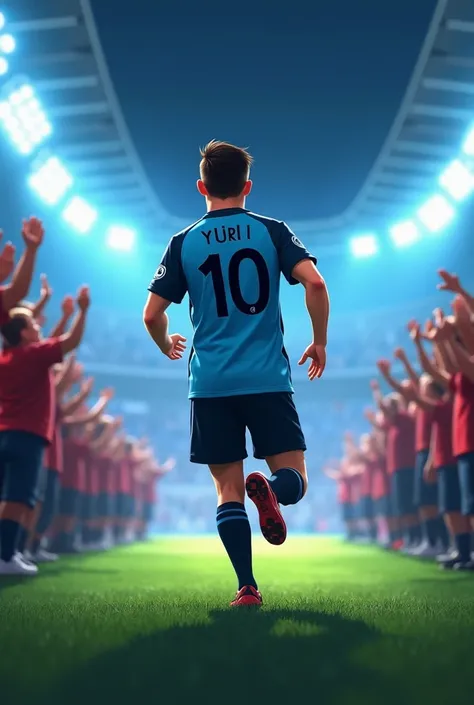 A backwards soccer player arriving at the stadium with the crowd applauding with a light blue and black jersey with number 10 on the jersey and the name Yuri on the jersey but in the cartoon style at night