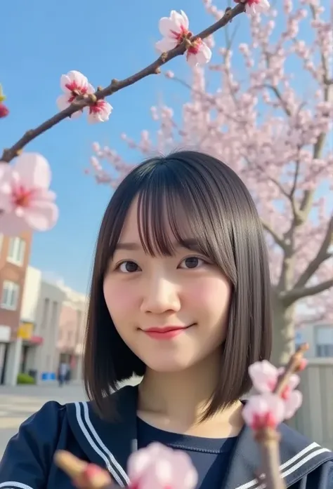 ( best quality,  Masterpiece :1.3, super high resolution),( super detailed, caustics ,8k),( photorealistic:1.4,RAW shooting), 1 girl,(smile),( gentle overlooking ),18 years old,cute,Japanese, black hair shortcut,( school uniform), glamorous,(big ),( face f...