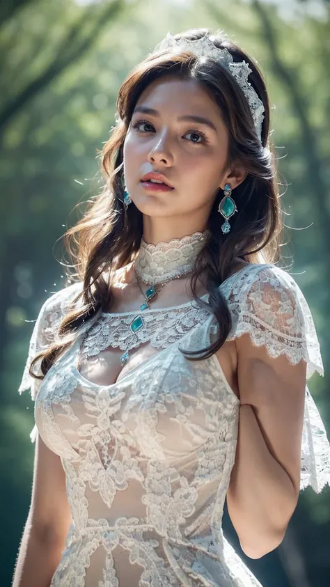 8k, masterpiece, 1 girl, beautiful face, white skin, very long hair, light makeup, detailed eyes, detailed lips, firm breasts, realistic detailed, very detailed dress, princess dress, (aqua dress:1.2), (wearing jewellery:1.5), (lace:1.4), at the stage back...