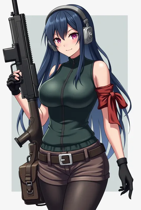  Girl Teen,  Big Bust, Long dark blue hair, Pink eyes, Put on gray headphones , , a dark green bodice ,  black gloves,  tie a red cloth on the left sleeve , , a dark brown shorts, , Black tights, , a dark brown military shoe, , High heels, Dark Brown Back ...