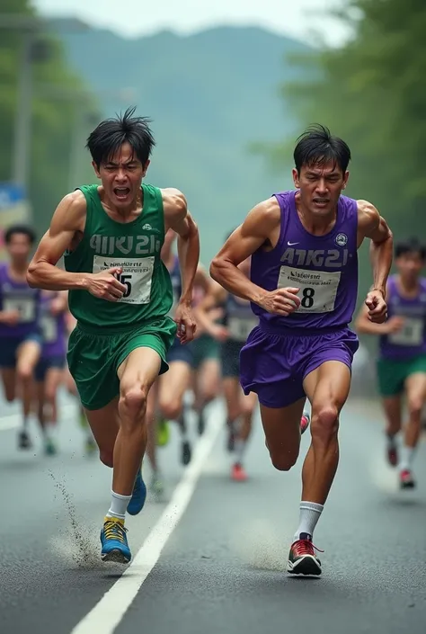  running in the Hakone Een relay 、
 players in green uniforms and 、 players in purple uniforms
Painful face playing Last Spurt、
Painful faces are emphasized 、 sweaty
2 runners running at full speed 