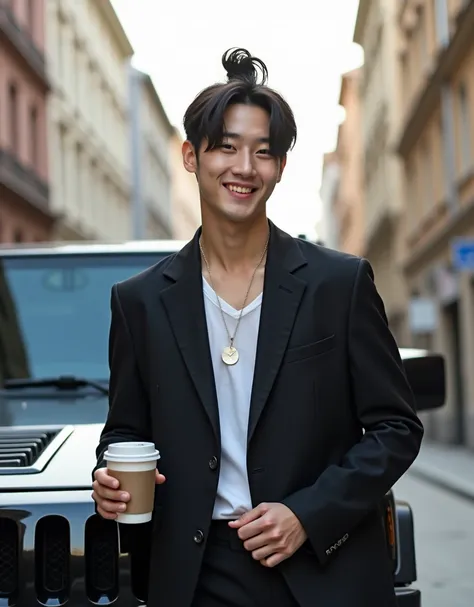 Photography A handsome Korean man ,modern hair bun , touch, on the neck and hands wearing a neckle, wearing a high school uniform,white shoes,looking at the camera, he stands on a Hummer sport  car stamp , He smiles softly while holding a Coffe, Background...