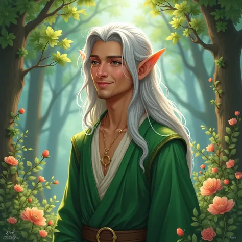 handsome elf with long silver hair in green clothes with a happy face in the middle of a colorful forest