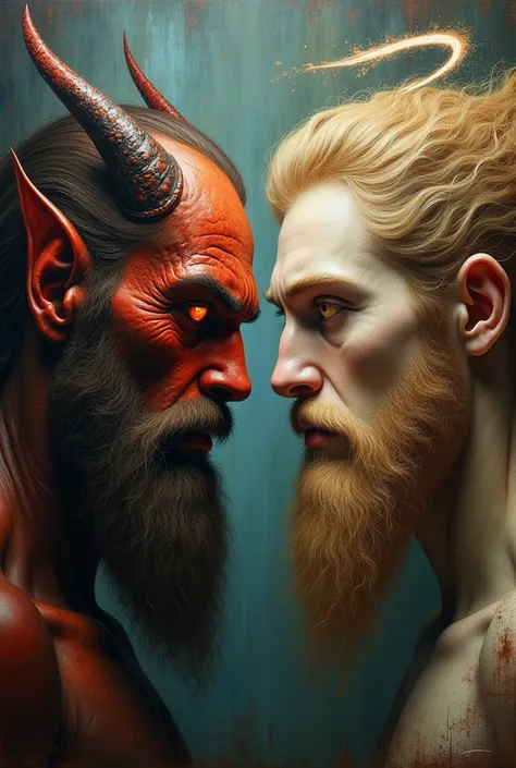  A pair of bearded twins painted in an oil painting , one of them is a demon and the other is an angel .