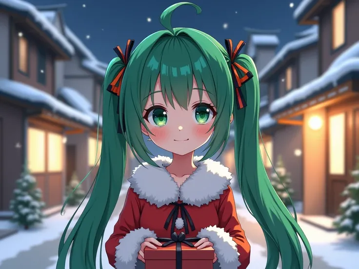 ( front view ),Teenage girl,anime, Emerald Green Hair Long Hair , Emerald Green Eyes ,The B cup bust ,4k anime style,  CG smooth anime images, Anime 8k, Best quality ,  high resolution , Santa dress ,แจกของขวัญกับTeenage girl,anime, Hair Twintails Black Hi...