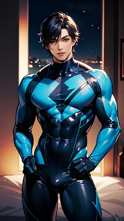  Nightwing Suit, Cute young man, Sexy Body, Tall, Shiny black hair, upright, Sensual appearance,  Crotch Bulge 