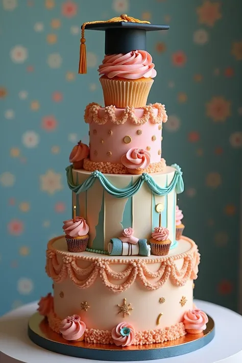 Create a cake with a design where the same cupcake shows the birthday and graduation celebration