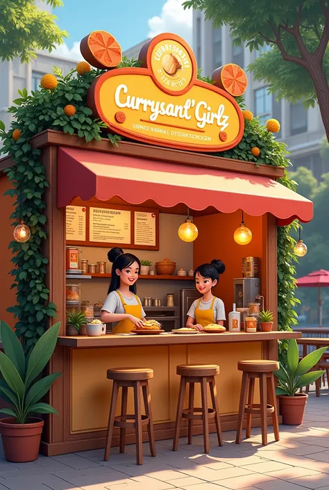 ATTRACTIVE kiosk/stall for mini cafe for curryssant (currypuff + croissant)  

MAKE IT MALAYSIAN FRANCE STYLE

NAME OF THE KIOSK/STALL IS CURRYSSANTGIRLZ

AESTHETIC AND BRIGHT ENVIRONMENT 

MAKE IT MORE MALAYSIAN CAFEEEE

IN THE CITY, PUT 3 WORKERS, SOME C...