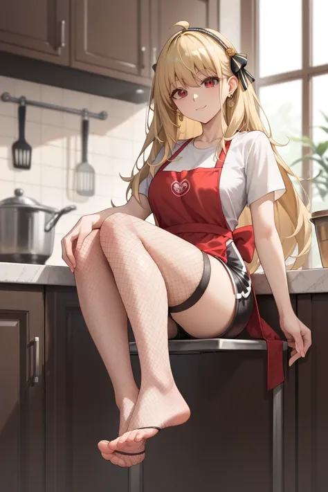 1 girl, (Yor Forger(Spy x Family), black long hair, red eyes,an apron, fishnets stockings up to ankles, black sports shorts, white t-shirt, sitting on the kitchen counter straight, raised straight angled feet in the air to viewer, showing both bare soles t...