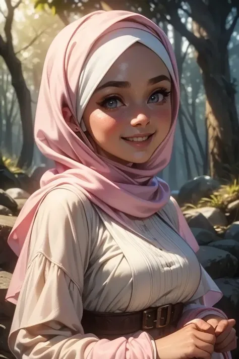  generate an image of a beautiful Bandung girl wearing a hijab and dimpled cheeks , smiling teeth , on ************, ( simple pastel pink hijab ), ( Medium shot portrait :1.3), dramatic light,  lighting scheme Rembrandt , (hyperrealism:1.2), (8K UHD:1.2) ,...