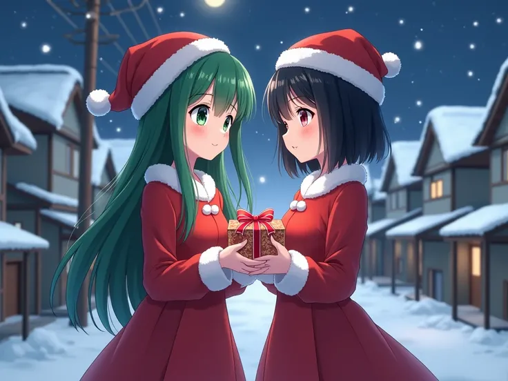 ( front view ),Teenage girl,anime, Emerald Green Hair Long Hair , Emerald Green Eyes ,The B cup bust ,4k anime style,  CG smooth anime images, Anime 8k, Best quality ,  high resolution , Santa dress ,Give gifts together with,Teenage girl,anime, Hair Twinta...