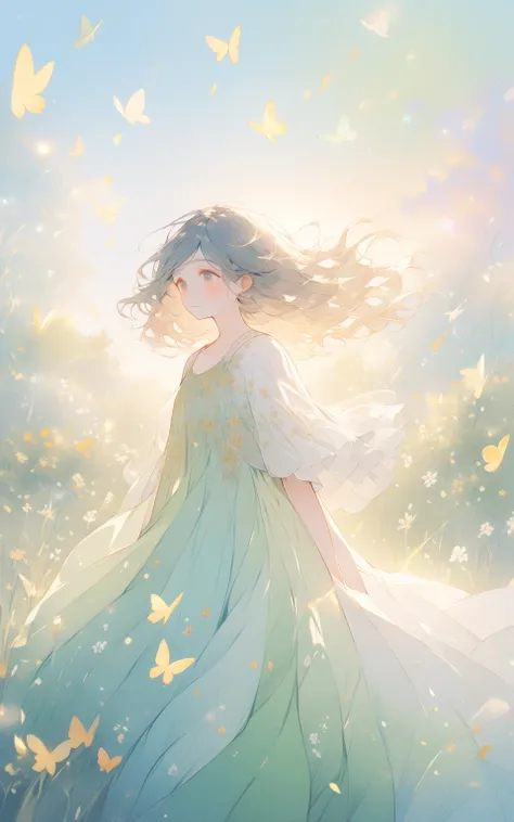 "A Moment Between Seasons"
A girl stands at the edge of a dreamy meadow where summer and autumn meet. On one side, vibrant green grass is dotted with blooming wildflowers; on the other, golden leaves fall gently from the trees. She wears a flowing dress th...