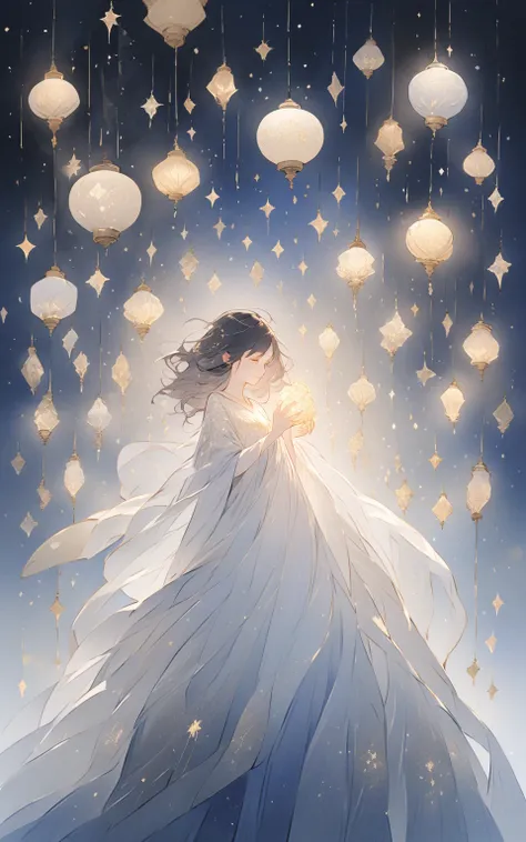 "Lantern Glow Under a Starry Sky"
A breathtaking coastal cliff illuminated by the light of hundreds of floating lanterns drifting into a star-filled night sky. The girl stands at the center of the composition, holding a lantern close to her chest. Her flow...