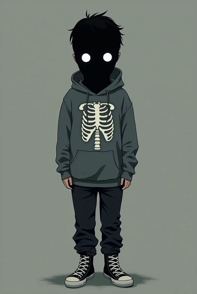 I want an anime-manga style drawing about a boy with a black mask who covers his entire face over the masks, some white eyes of light crying , with a gray sweatshirt printed on a medium skeleton
And with some tennis converse 