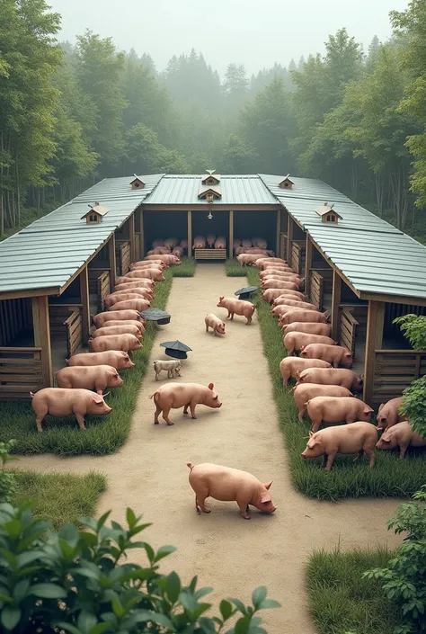 Create a design of a breeding sow farm in a space 10 meters wide by 6 meters long where you will find The following  :
 15 gestation cages measuring 70 cm wide by 2 m long
4 birdhouses and at the end of each cage a channel for sow waste and excrement