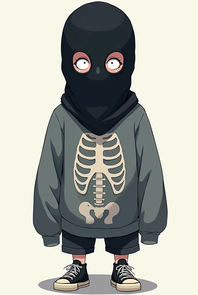 I want an anime-manga style drawing about a boy with a black mask who covers his entire face over his masks, white eyes full of light as if he were crying, with a gray sweatshirt printed on a medium skeleton
And with some tennis converse 