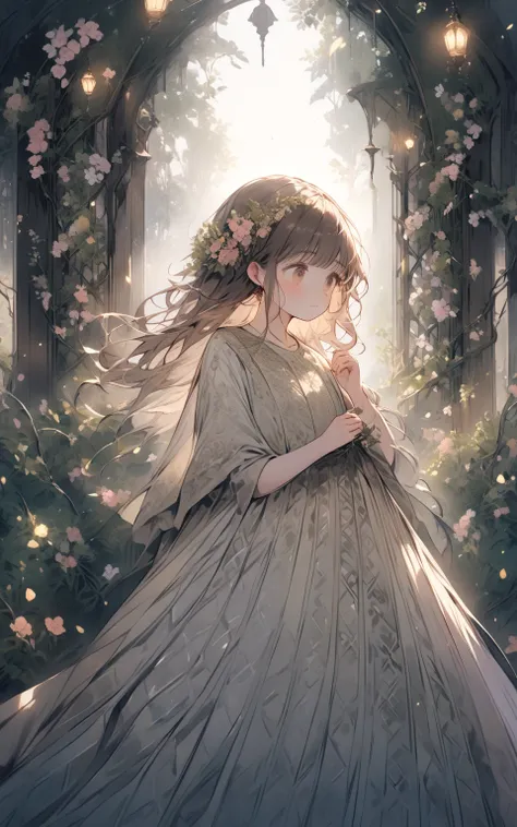 "The Secret Garden Gate"
A hidden garden behind an ornate iron gate wrapped in vines and blooming flowers. The girl stands in front of the gate, gently pushing it open to reveal an enchanted garden filled with glowing plants, a small fountain, and magical ...