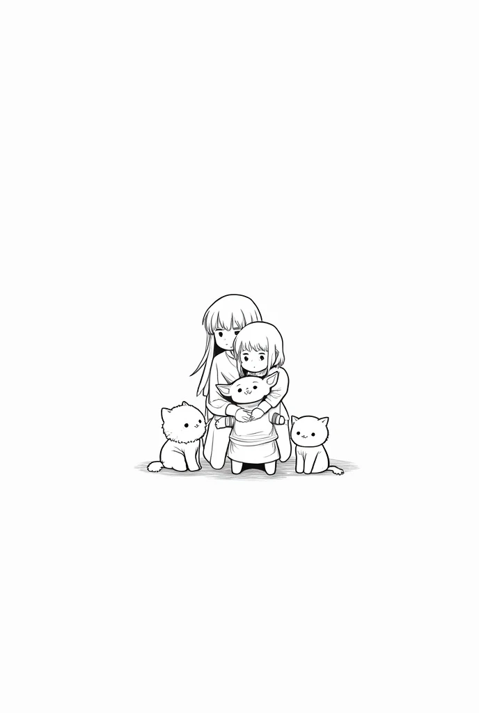  I need a drawing to paint simple black lines of the following characters hugging each other looking straight ahead: a girl with bangs and long straight hair , a boy with short hair like soccer player , baby yoda peluche, Two kittens(  a chubby hairy femal...