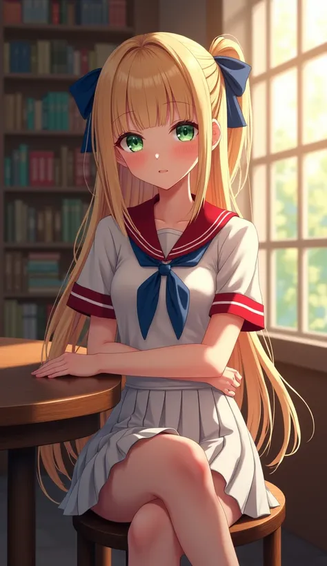 ((masterpiece, Best Quality ,  High resolution )), 1 sweet and sexy young woman, ,  Green Eyes , Blonde Long Hair Tied With Blue Ribbon , blunt bangs, sitting, Cross your arms on the table, sleeping with arms folded,  school uniform, White uniform,  red sa...