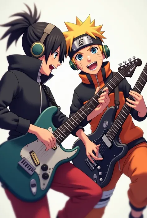 Boruto and sarada,2s,short hair,boruto uzumaki,sarada uchiha,playing guitars,headphones