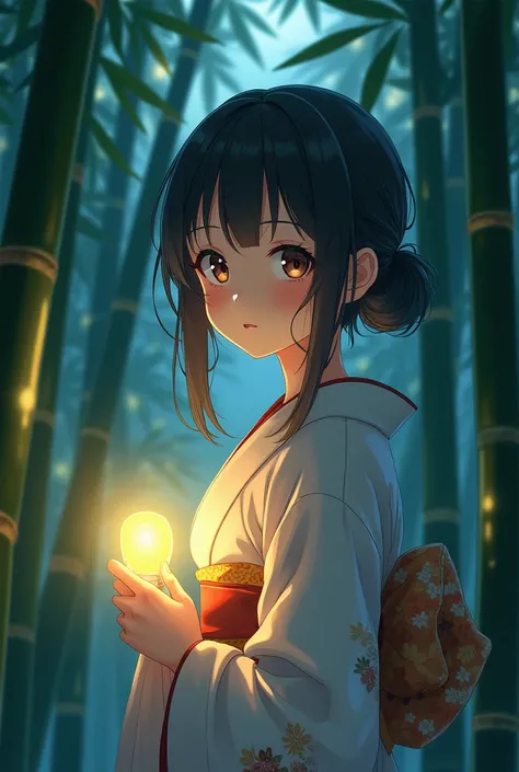 Anime girl in kimono costume holding a flashlight in the bamboo forest,  wallpaper 4k ,  wallpaper 4k , 4k anime style, Anime Art Wallpaper 8K, Beautiful anime portrait,  4k anime wallpaper,  4k anime wallpaper, Beautiful anime girl,  4k anime wallpaper, t...