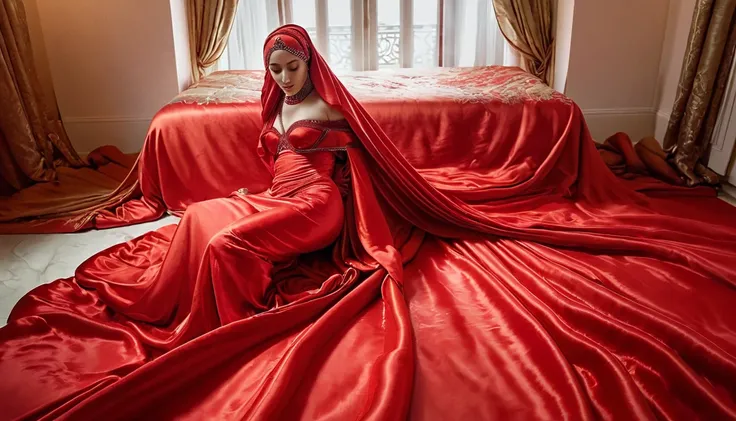 A woman shrouded in a 8-meter-long, plush red satin cloth, tightly bound and grandly draping along the form of her body, flowing off into a pooled floor-length train, styled in a mermaid-inspired outfit, her head modestly veiled in a satin hijab, in luxury...