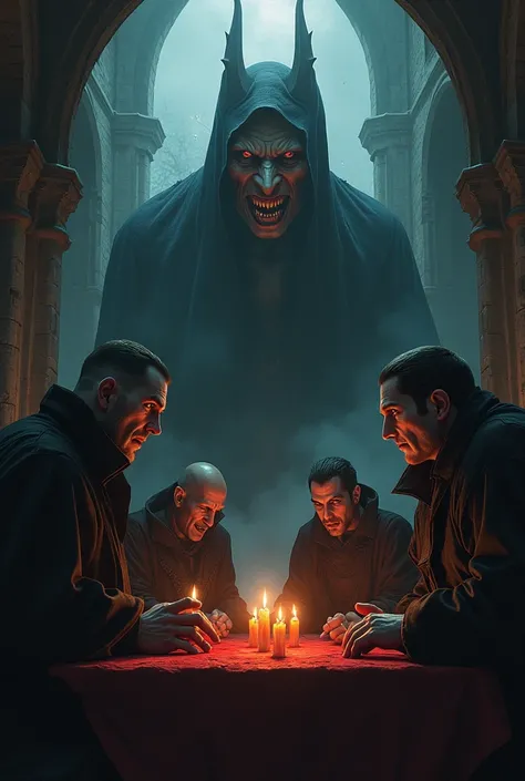 Meeting of vampires in a stalking castle showing their fangs