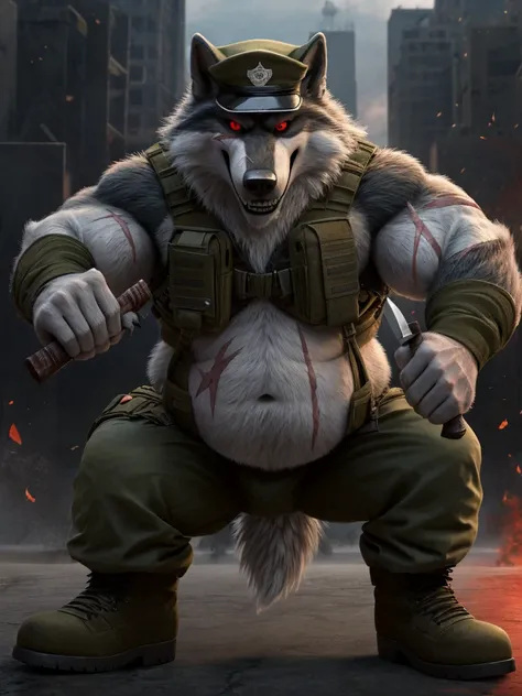 Fattest Death Wolf, unbelievably extremely massive belly, wears boots, wears Black military special forces outfit, holding a knife, scars on the face, red eye, fighting pose, Stares at viewer, wears military hat, smiling. 