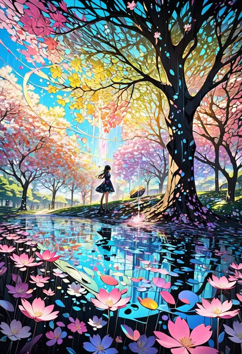 A cross-fade of two images (50%/50%), one of lily and cherry blossom petals created through a fusion of paper cutting and shadow art, the other of iridescent soap bubbles raining from the sky and gushing out of the ground, bold and dynamic, contrasts of li...