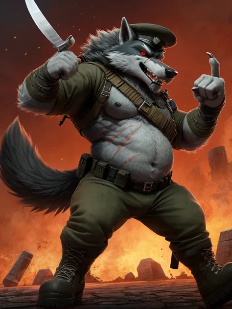 Fattest Death Wolf, unbelievably extremely massive belly, wears boots, wears Black military special forces outfit, holding a knife, scars on the face, red eye, fighting pose, Stares at viewer, wears military hat, smiling. 