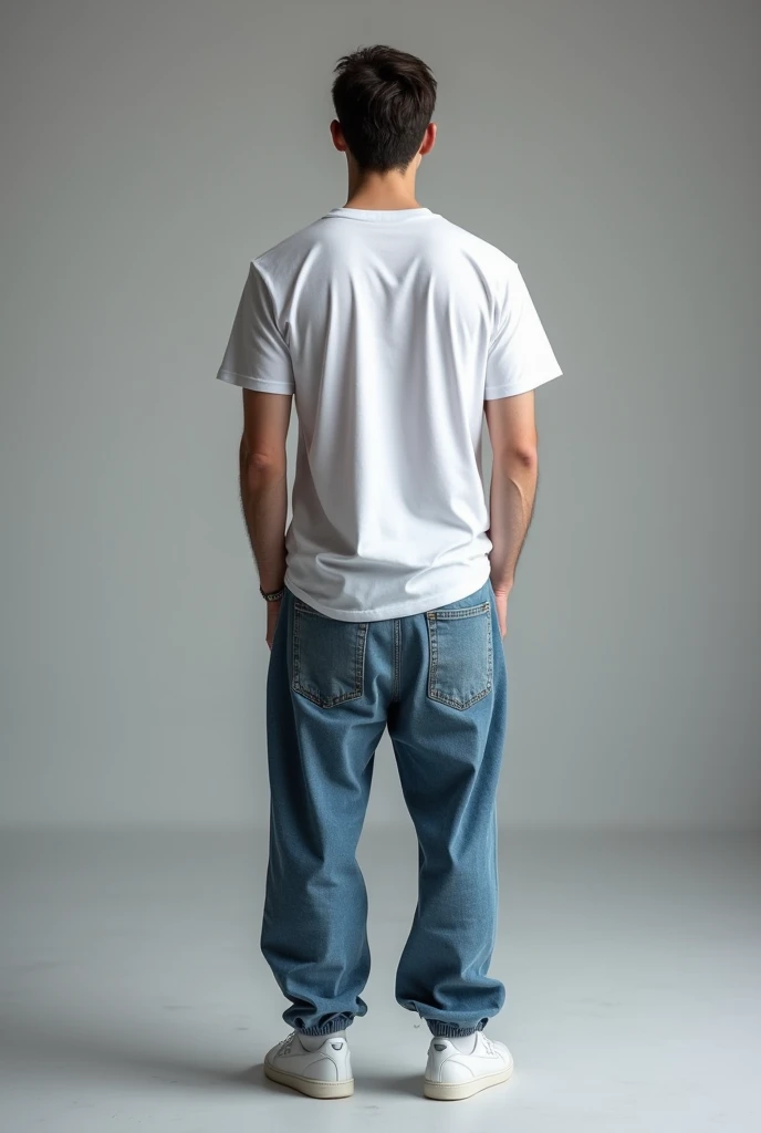 (photorealism:1.2), super realistic, HD, 4k, caucasian guy, wearing white oversize t shirt, wearing baggy jeans, wearing white puma shoes, the background is grey room, facing away from the camera