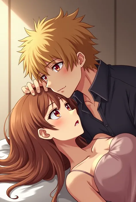  Bakugo Katsuki a blond teenager with red eyes on top of his girlfriend Ochako Uraraka a girl with brown hair that reaches her collarbones, Has brown eyes .  They were together in their room ,  she was lying face down with her bare back he massaged her slo...