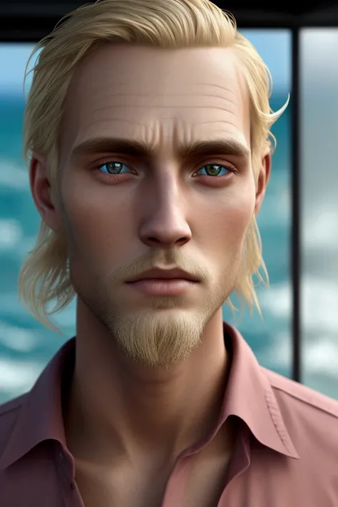 close-up 30yo man, blonde hair, shopkeeper, window with ocean background, incredibly absurdres, best quality, ((extreme detail)),(ultra-detailed), extremely detailed CG unity 8k wallpaper