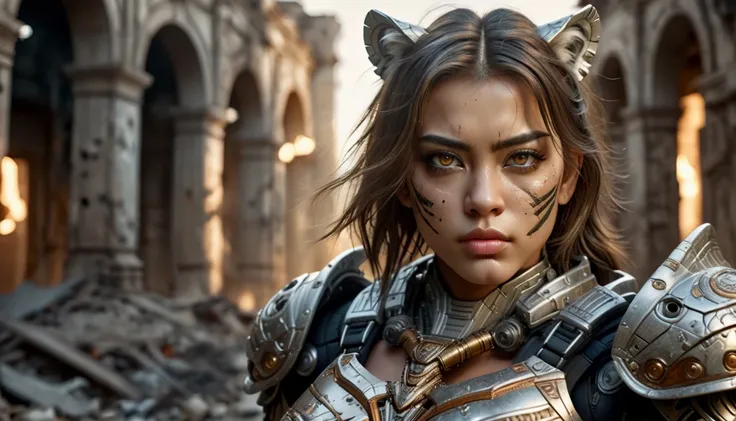  girl wearing tiger armor, sensual pose in destroyed environment, realistic, detailed face, long eyelashes, beautiful eyes, beautiful lips, beautiful skin, intricate armor, ruined building background, warm lighting, cinematic composition, dramatic lighting...