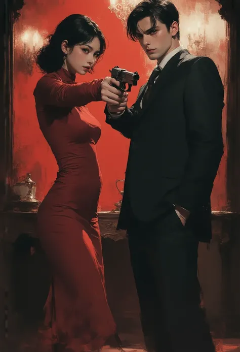 A cinematic poster-style webtoon of a dark fantasy and crime scene in the style reminiscent of the 1960s. A young, disillusioned Korean woman dressed in a vibrant red dress is pointing a menacing revolver at a young man in a suit and tie, who has a mix of ...