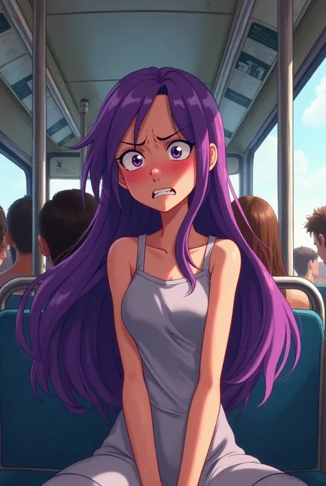 Animated female character with long purple hair holding pee on the bus and feeling pain