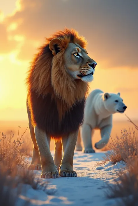 A captivating nature scene featuring an African lion and a polar bear in their respective habitats. The lion stands proudly on the warm, golden plains of the savannah, its powerful frame and flowing mane illuminated by the setting sun, exuding strength and...