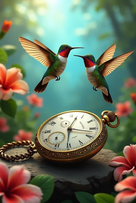 image of hummingbirds dancing on an old pocket watch with a very colorful paradise background 